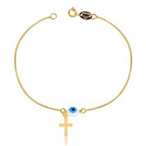 Pulseira Olho Grego Com Crucifixo Folheada A Ouro
