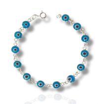 Pulseira Olho Turco / Grego Azul Claro Prata 925 Legítima
