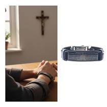 Pulseira Oração Pai Nosso Couro Preto Pulseira Oração Pai Nosso Couro Preto