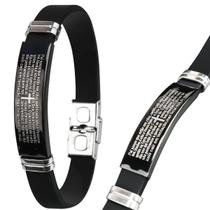 Pulseira oração pai nosso placa silicone preta masculina presente casual religiosa social