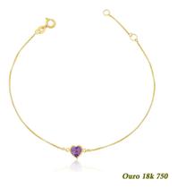 Pulseira Ouro 18k 750 Adulto Coração De Zircônia 5mm 21cm Ametista Roxa Pulseira Ouro 18k 750 Adulto Coração De Zircônia 5mm 21cm Ametista Roxa