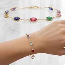 Pulseira Ouro 18k 750 Com Pedras Ovais 7mm - 18cm Colorida