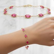 Pulseira Ouro 18k 750 Com Pedras Ovais 7mm - 18cm Vermelho Rubi Pulseira Ouro 18k 750 Com Pedras Ovais 7mm - 18cm Vermelho Rubi