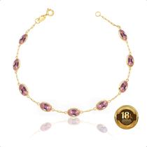 Pulseira Ouro 18k 750 Com Pedras Ovais 7mm - 19cm Rosa