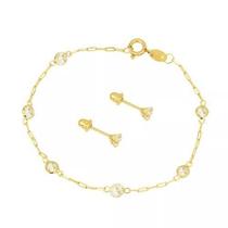 Pulseira Ouro 18k Feminina Zircônia + Brinco Infantil Adulto