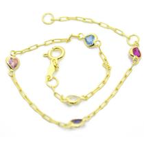 Pulseira Ouro 18K Infantil 15Cm Coração Colorido 3,5Mm Pl011