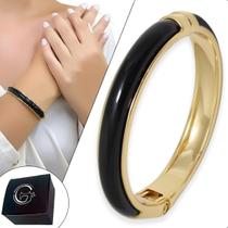 Pulseira Ouro Acrílico Preto Bracelete Dourado
