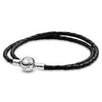 Pulseira Pandora Moments de couro duplo preta 15cm