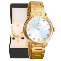 pulseira pandora + relógio feminino aço inox dourado + caixa