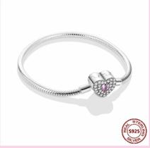 Pulseira para Berloque de Prata Fecho Coração Rosa 20 cm