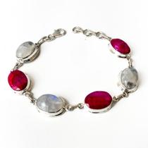 Pulseira Pedra da Lua e Rubi Indiano Ovais Prata 925