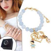 Pulseira Pedra Da Lua Pingente Mãe Com Cristal Menino e Menina Banhado a Ouro