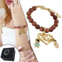 Pulseira Pedra Do Sol Pingente Mãe Com Cristal Menino e Menina Banhado a Ouro Pulseira Pedra Do Sol Pingente Mãe Com Cristal Menino e Menina Banhado a Ouro