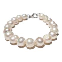 Pulseira Perola Natural Agua Doce Redondo Achatado Fecho Aço