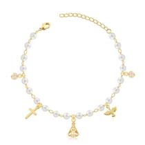 Pulseira Pérolas Com Pingentes Religiosos Folheada A Ouro