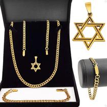 Pulseira + Pingente Estrela Davi + Corrente Dourada Aço Pulseira + Pingente Estrela Davi + Corrente Dourada Aço