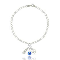 Pulseira Pingente Olho Grego Figa Trevo Sorte Prata Lei 925