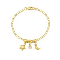 Pulseira Pingentes Estrela, Ponto de luz e Lua - Banhada Em Ouro 18k
