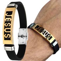 Pulseira placa banhada jesus cristo dourada + masculina ajustavel original social casual presente