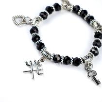Pulseira Pomba Gira Cristal Preto AB Ping. Prata e Silicone