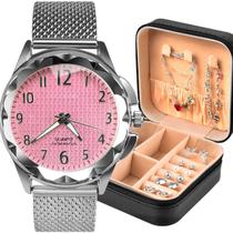 pulseira + porta joia + relogio feminino prova dagua social prata qualidade premium casual presente original fundo rosa pulseira + porta joia + relogio feminino prova dagua social prata qualidade premium casual presente original fundo rosa