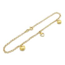 Pulseira Portuguesa Em Ouro 18k com Berloques Pingentes Corações Bracelete Elo Português Feminina