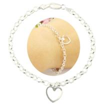 Pulseira Prata 925 Elo Português Grossa Ping. Coração