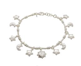 Pulseira Prata Berloques Estrelas Sol Lua Delicada 19,5cm