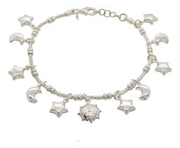 Pulseira Prata Berloques Estrelas Sol Lua Delicada 19,5cm Prateado 5 Cm 19.5 Cm
