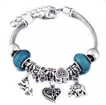 Pulseira Prateada Berloque Borboleta Coração Elefante Pingente Rosa