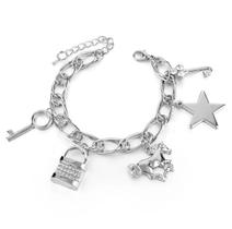 Pulseira Prateada Cavalo Estrela Chave Cadeado Strass