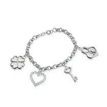 Pulseira Prateada Elo Português com Coração, Cadeado, Trevo e Chave Pulseira Prateada Elo Português com Coração, Cadeado, Trevo e Chave