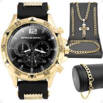 Pulseira + relogio masculino aço dourado + cordão crucifixo original pai nosso social Ajustavel