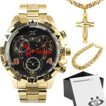 pulseira + relogio masculino aço dourado qualidade premium