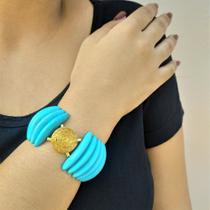 Pulseira Retangular Semijoia Banho De Ouro 18k Turquesa e Capim Dourado