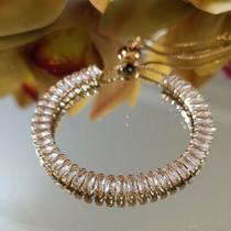 Pulseira Riviera Baguete Zircônia Cristal Banhada Ouro