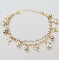 Pulseira Riviera Pingente Laço Love Perolas Folheado A Ouro