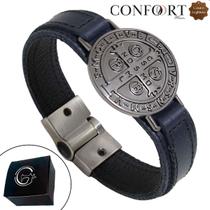Pulseira São Bento Magnética Grafite Bracelete Couro Legítimo Azul Artesanal Pulseira São Bento Magnética Grafite Bracelete Couro Legítimo Azul Artesanal