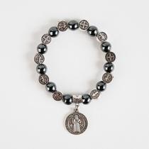 Pulseira São Bento Pedras Hematitas Medalha e Silicone