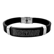 Pulseira Silicone Masculina Placa Preta Pai Nosso Aço Inox