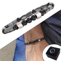 Pulseira Slim de Pedras Naturais Hematita e Ônix Unissex Magnética Vibrações