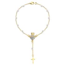 Pulseira Terço Com Pérolas E Coração Folheado A Ouro