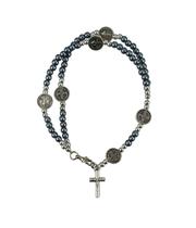 Pulseira Terço Contas Pretas / Cinza e Branco 0.5cm Crucifixo 7.5cm Pulseira Terço Contas Pretas / Cinza e Branco 0.5cm Crucifixo 7.5cm