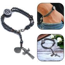 Pulseira Terço De Pulso Hematita Medalha De São Bento