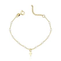 Pulseira Terço Infantil com Pérolas e Cruz Folheada a Ouro 18k