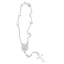 Pulseira Terço Prata 18cm Medalha e Cruz Prata 925 Fé e Devoção