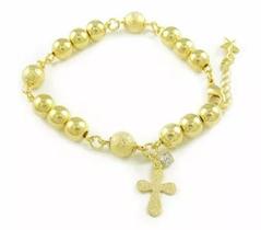 Pulseira Terço Religioso Bolas Dourado Folheado Ouro 18k