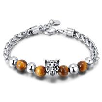 Pulseira Tiger Eye Bead com pingente de cabeça de leopardo para homens Pulseira Tiger Eye Bead com pingente de cabeça de leopardo para homens