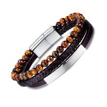 Pulseira Tiger Eye Bead para homens, couro PU de várias camadas
