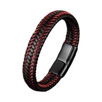 Pulseira Trançada De Couro Vermelha Para Homens Em Aço Inoxidável, Joia De Couro Genuíno